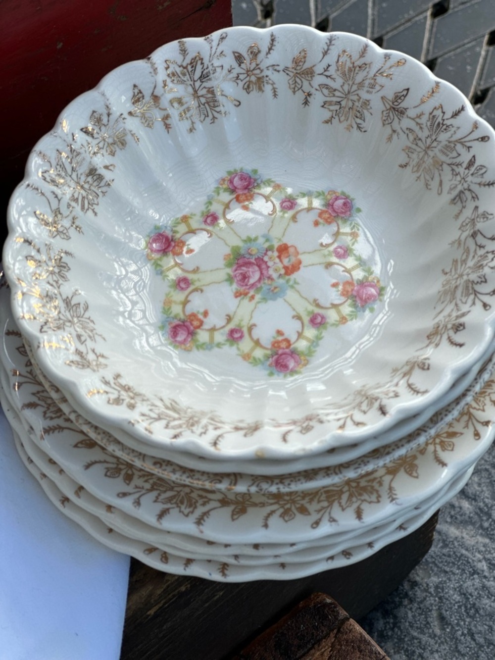 3 Vintage Franklinware Ivory Floral Scalloped Edge 22K Vegetable Bowls